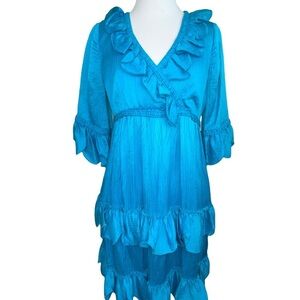 Vintage Betsey Johnson Blue Silk Blend Ruffle Tiered Dress Baby Doll